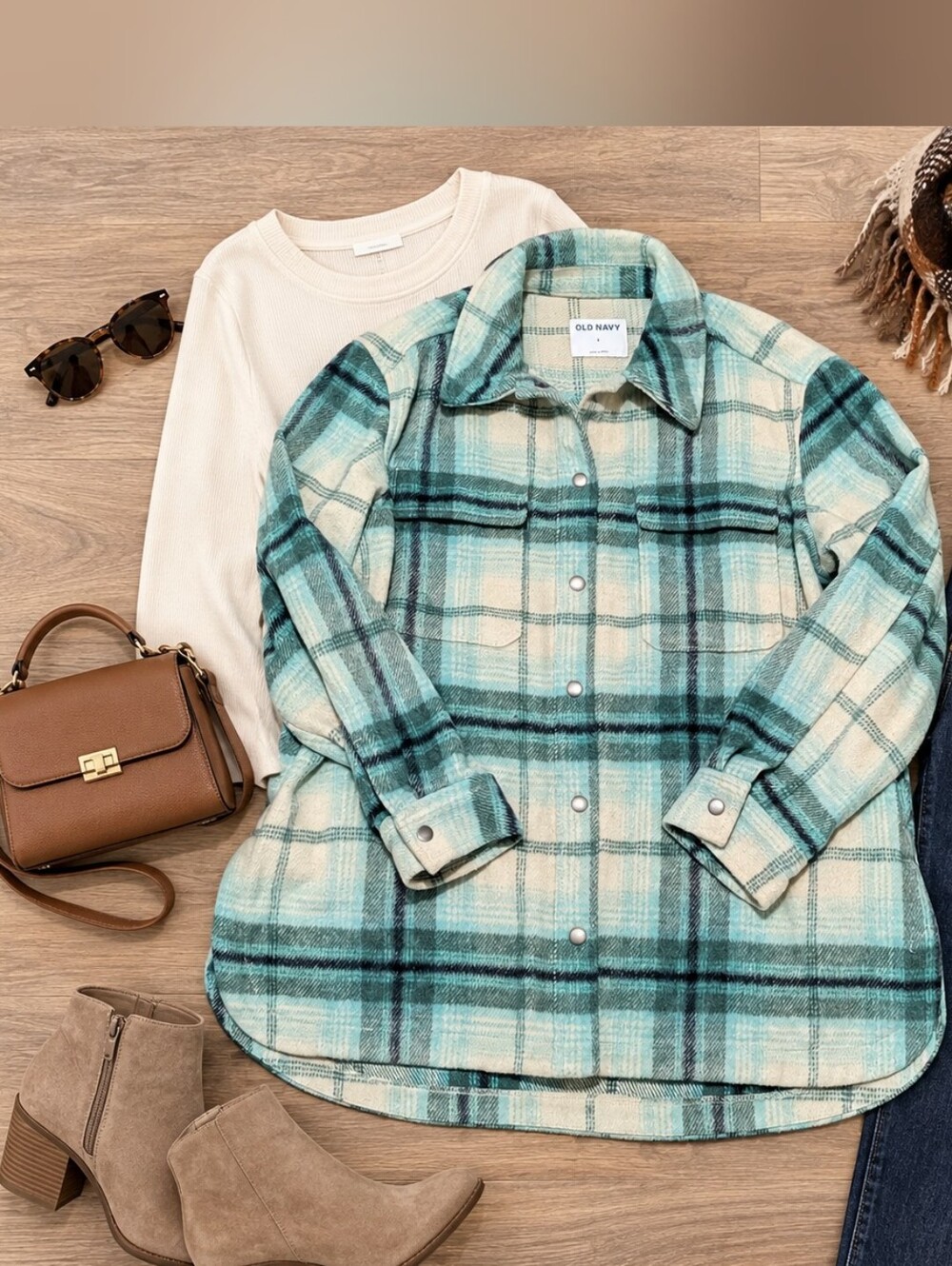 Old Navy Teal and Cream Plaid Button-Up Shacket